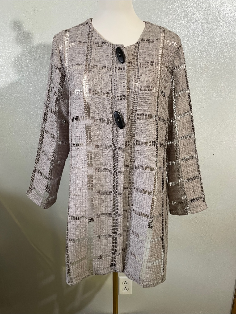 Artwear Textured Grid Woven Button Jacket Beige Open Front Medium Yushi Cardigan